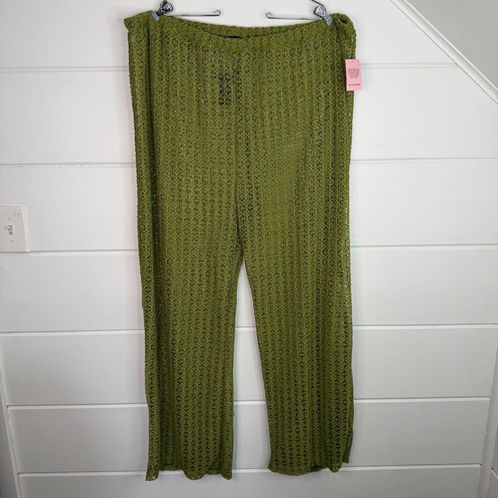 PrettyLittleThing 3X Plus Size Wide Leg Crochet Pants Olive Green Beach Trousers